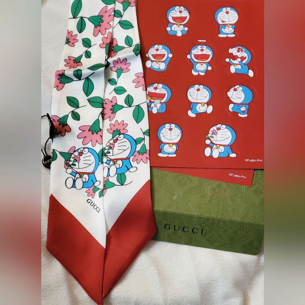 Doraemon Silk Skinny Twilly, Scarf And Sticker Set With Gift Envelope, Fashion